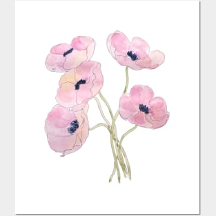 pink anemone  flowers watercolor and ink Posters and Art